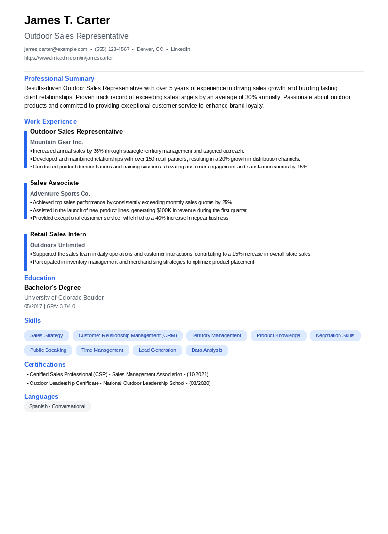 Outdoor Sales Representative Resume Example
