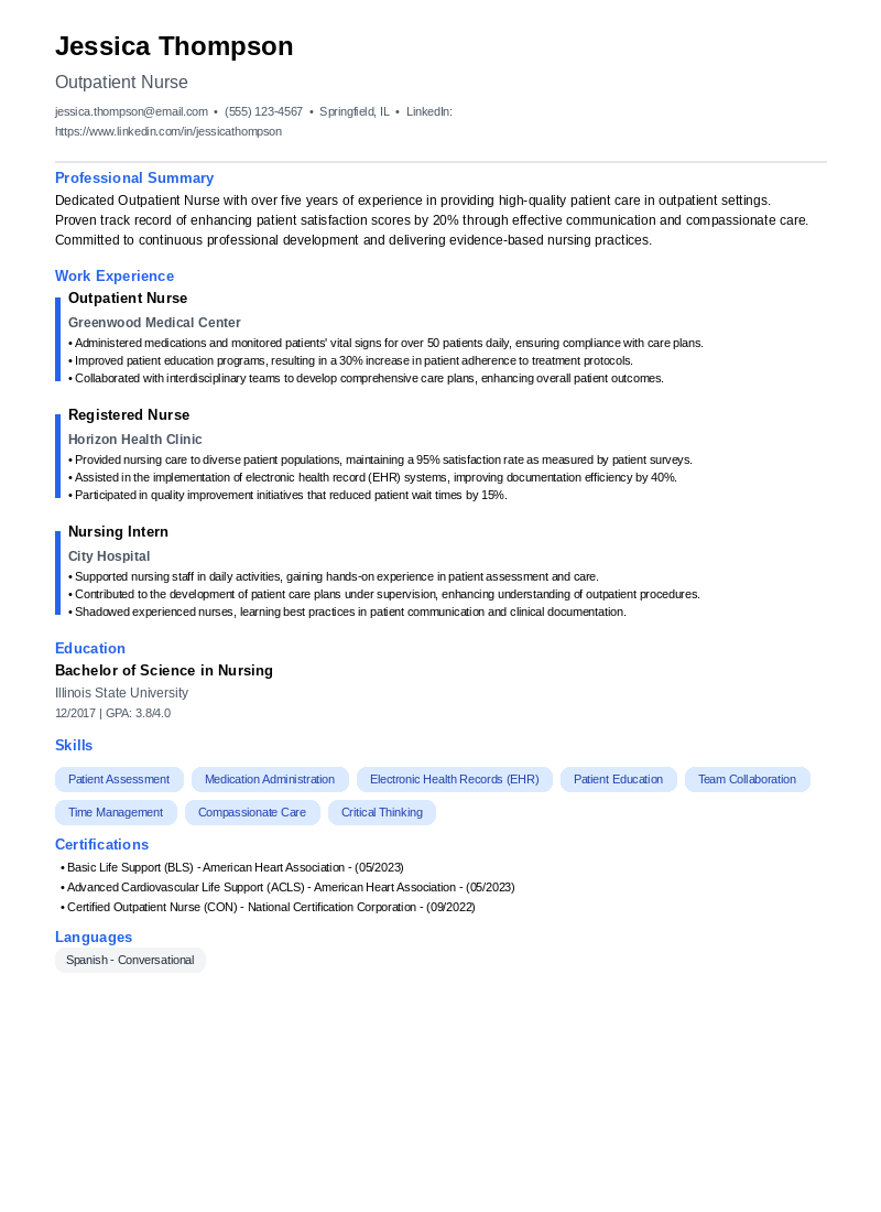 Outpatient Nurse Resume Example