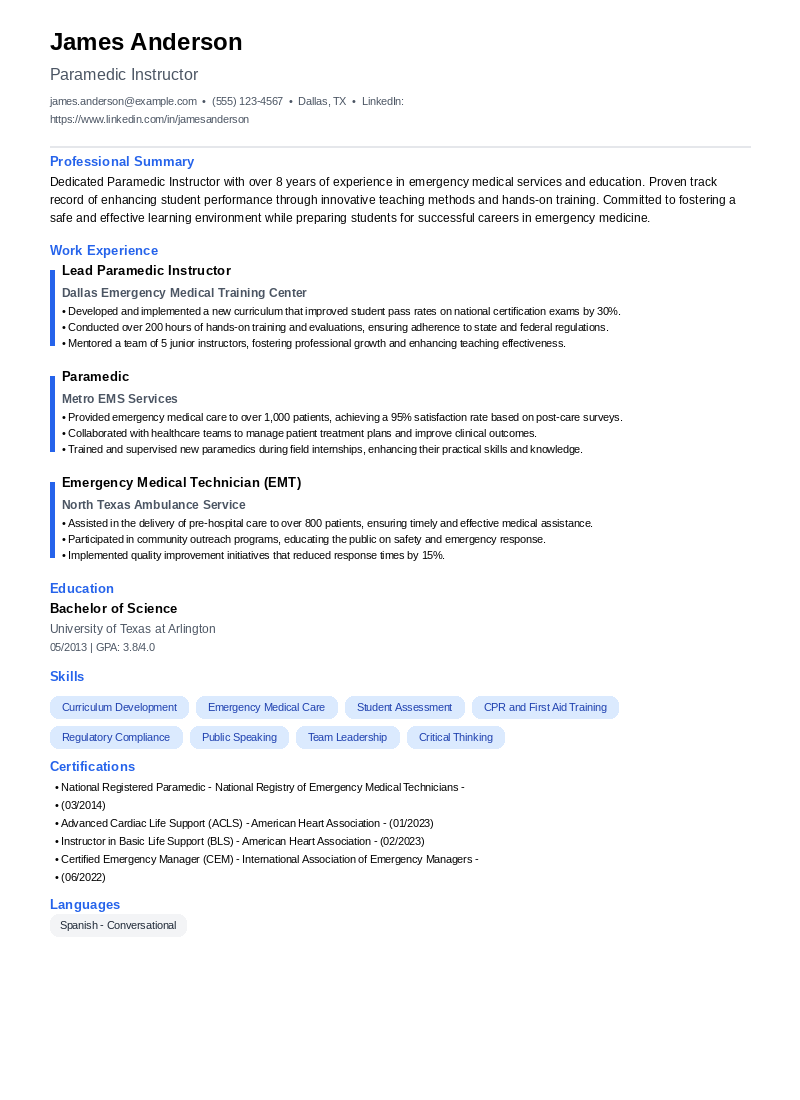 Paramedic Instructor Resume Example