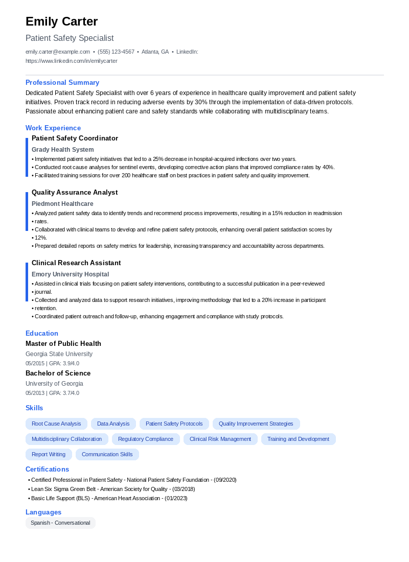 Patient Safety Specialist Resume Example