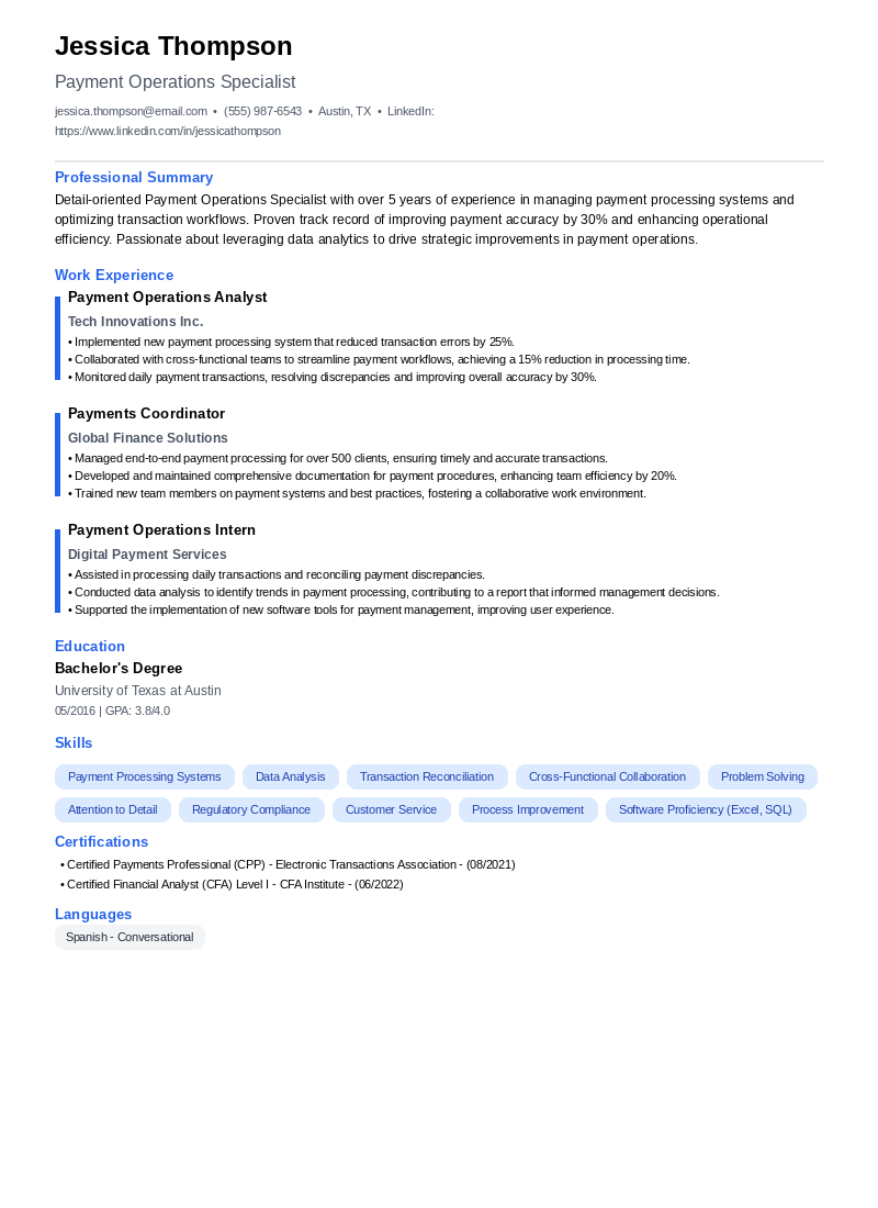 Payment Operations Specialist Resume Example