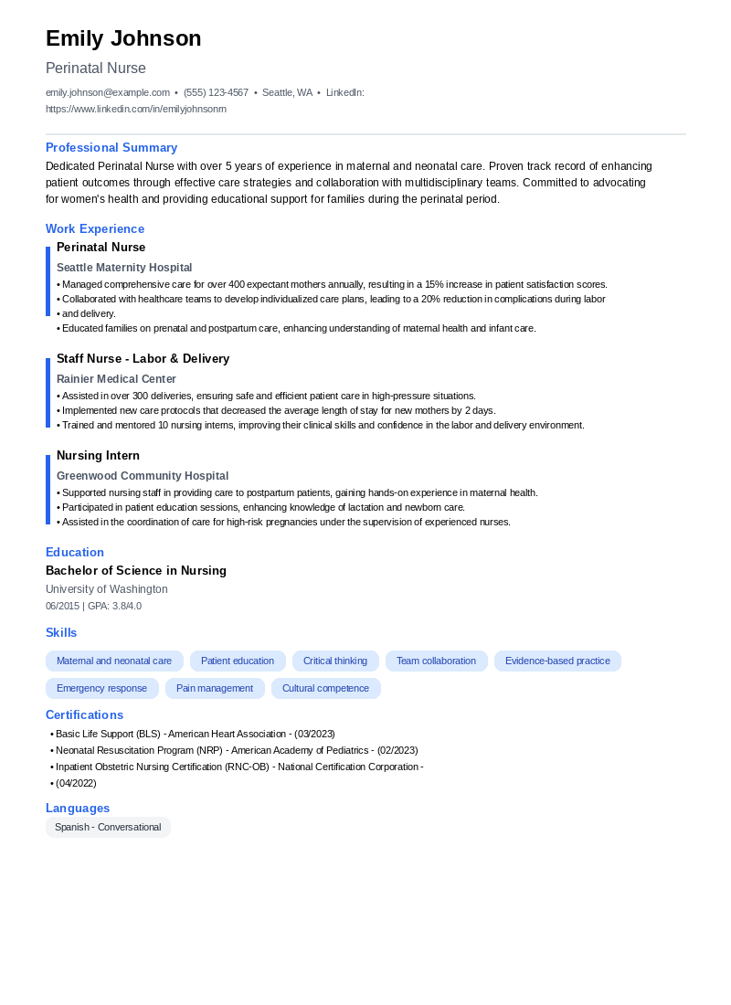 Perinatal Nurse Resume Example