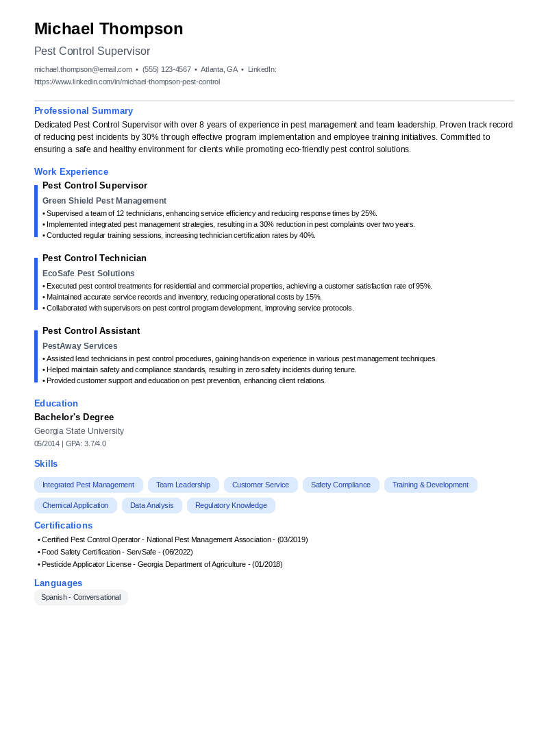 Pest Control Supervisor Resume Example