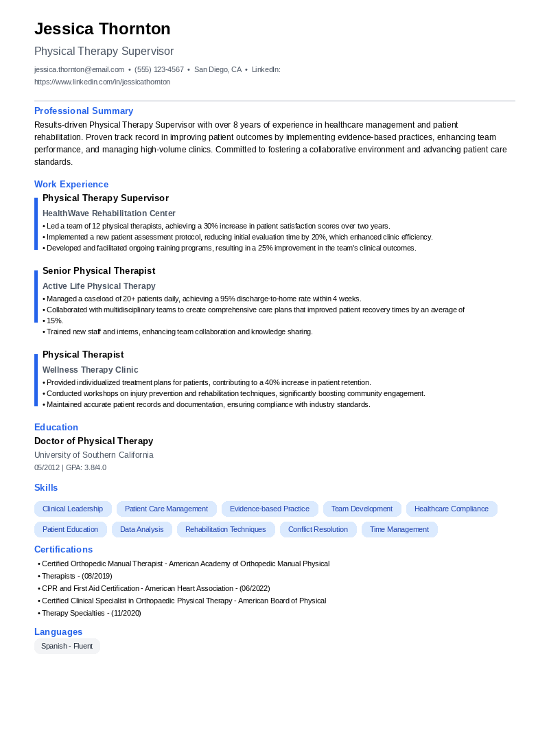 Physical Therapy Supervisor Resume Example