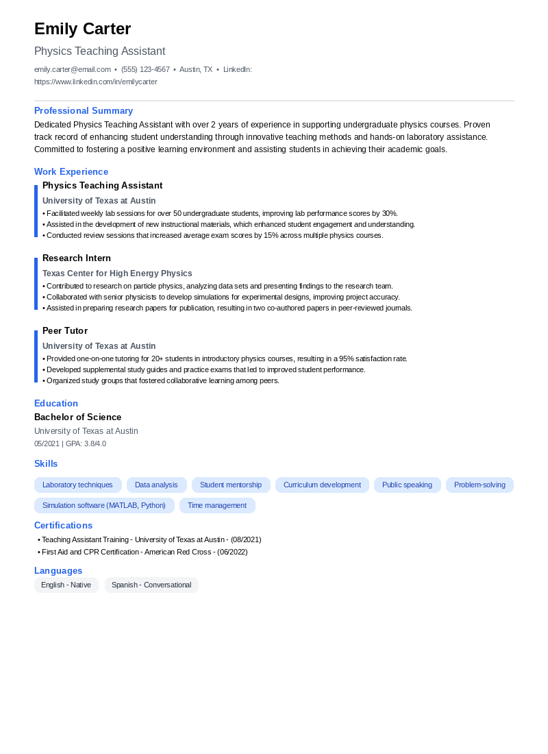 Physics Teaching Assistant Resume Example