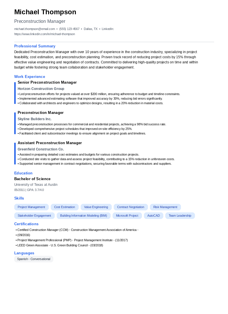 Preconstruction Manager Resume Example
