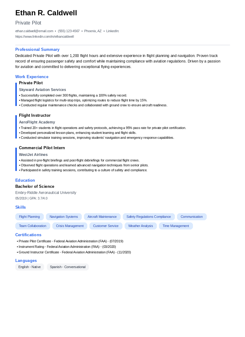 Private Pilot Resume Example