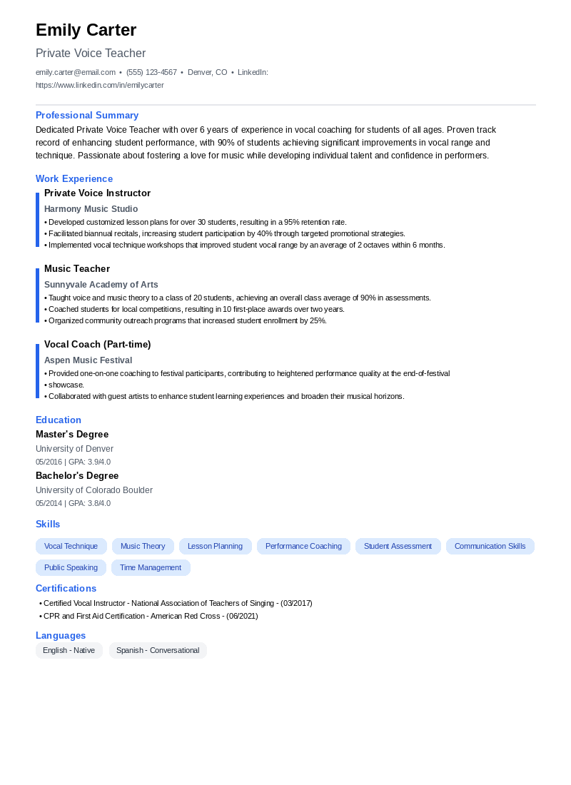 Private Voice Teacher Resume Example