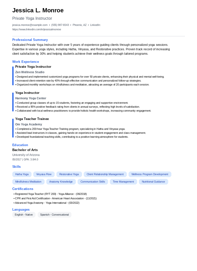 Private Yoga Instructor Resume Example