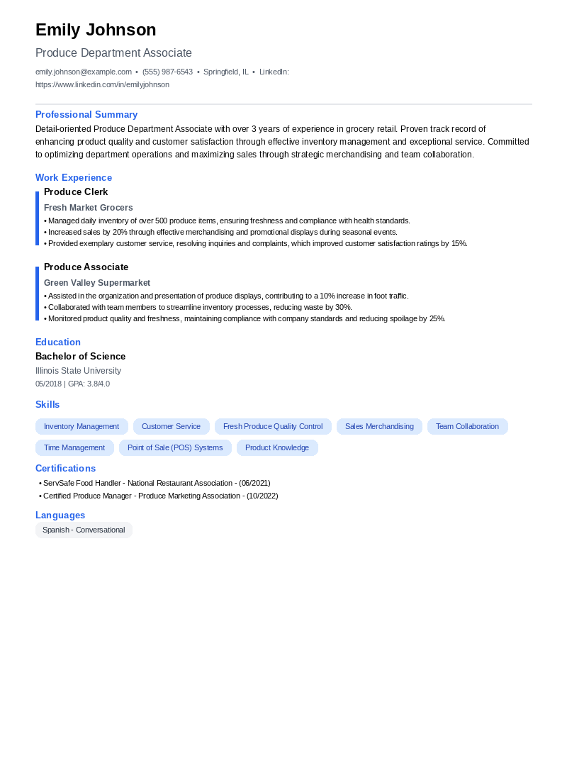 Produce Department Associate Resume Example