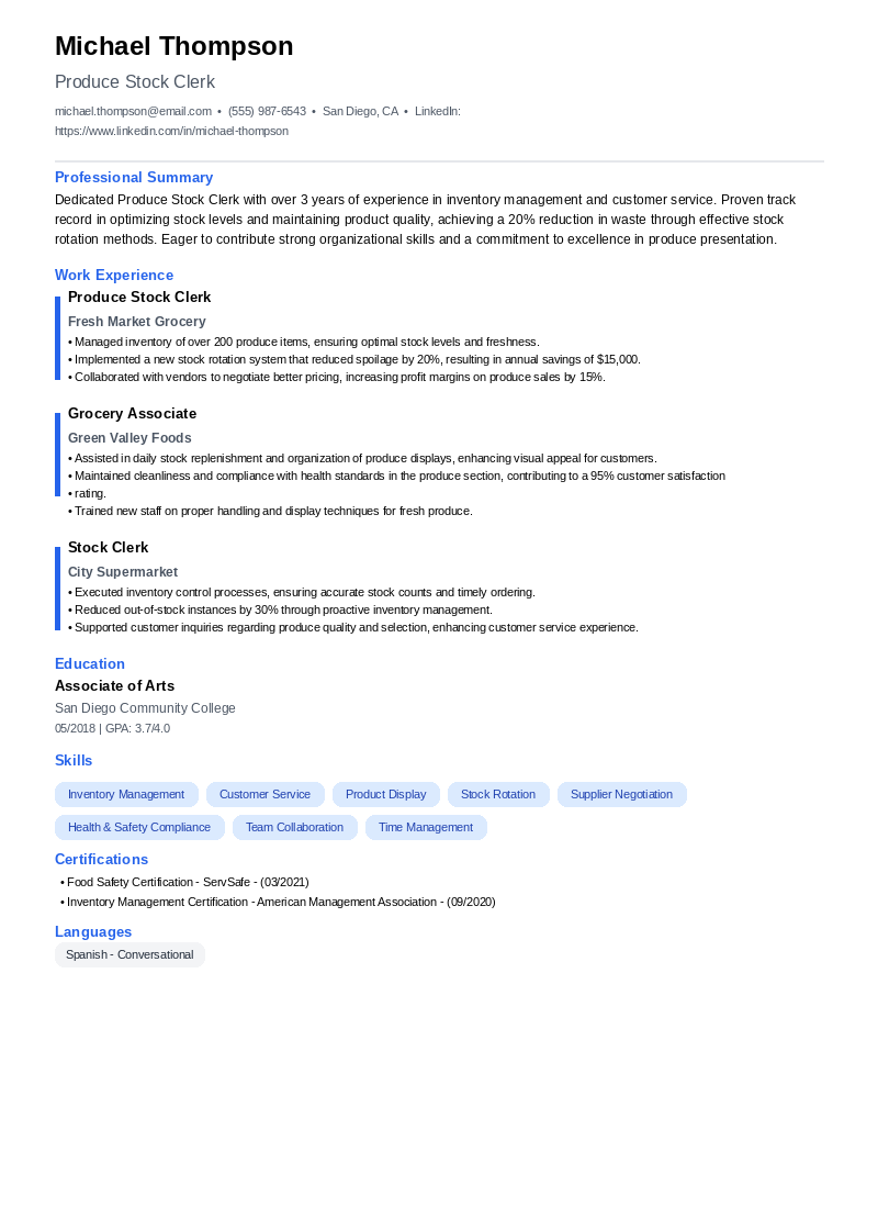 Produce Stock Clerk Resume Example