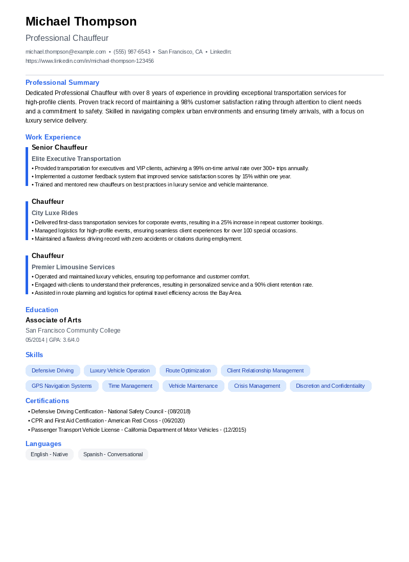 Professional Chauffeur Resume Example