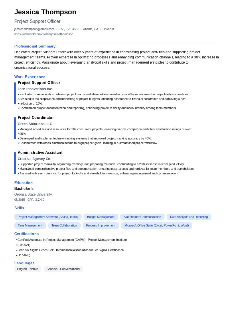 Project Support Officer Resume Example