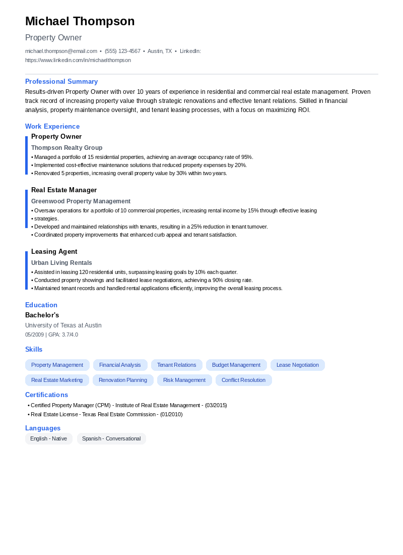 Property Owner Resume Example