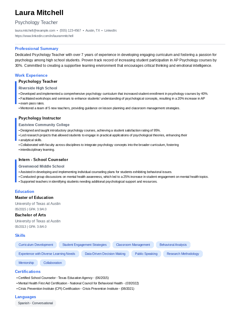 Psychology Teacher Resume Example