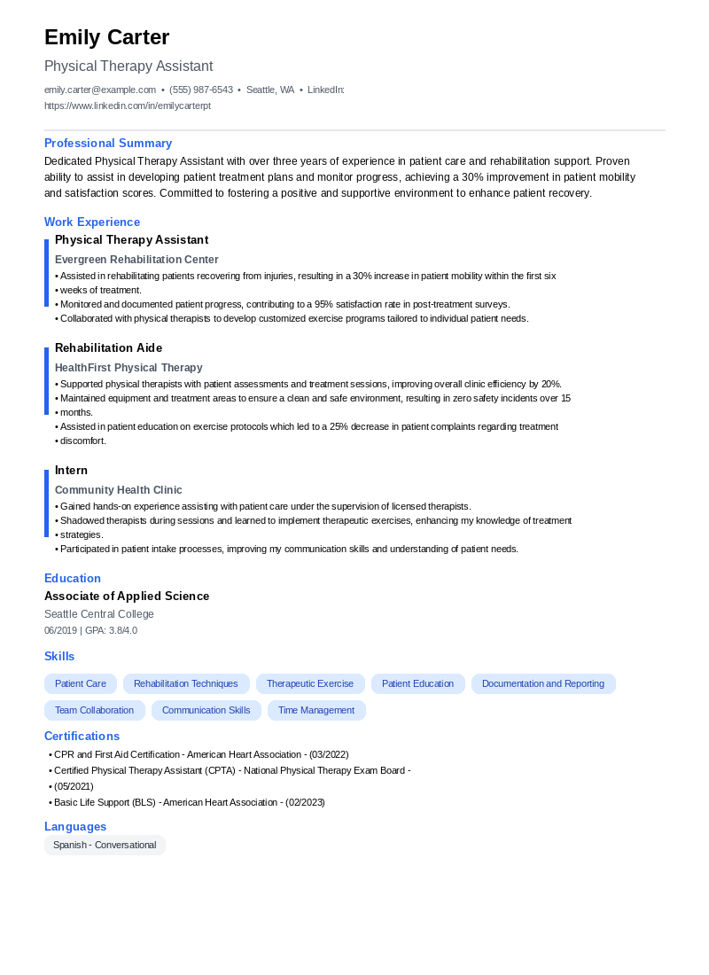 PT Assistant Resume Example