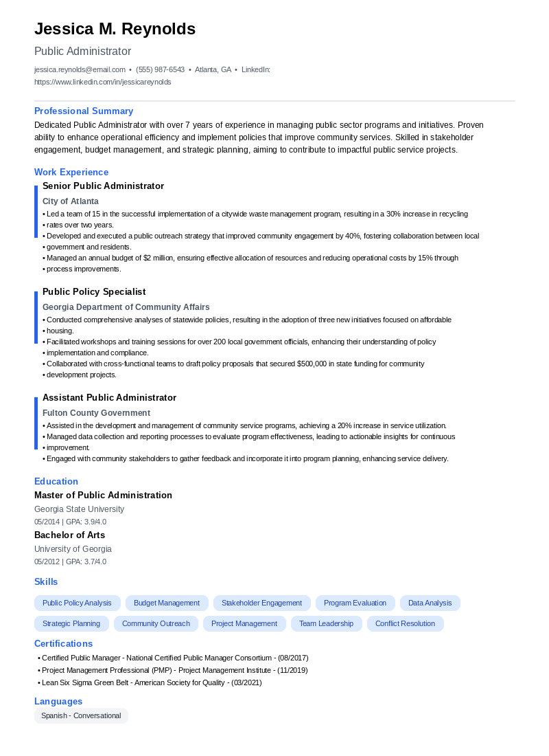 Public Administrator Resume Example