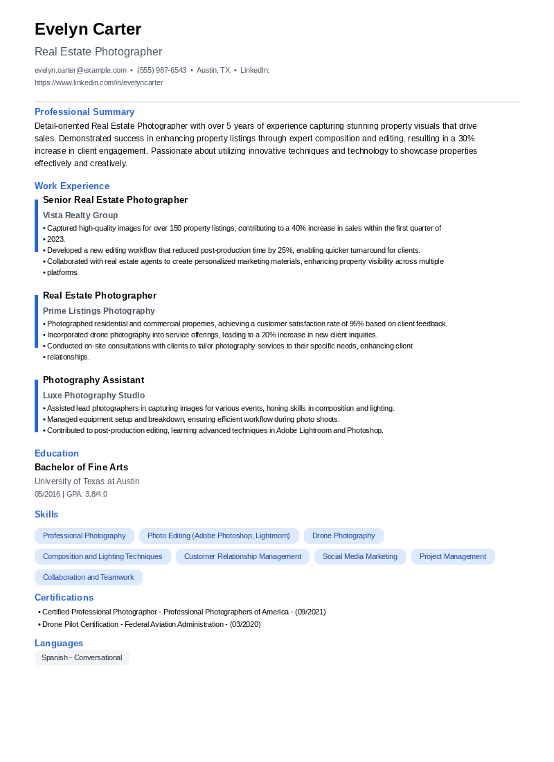 Real Estate Photographer Resume Example