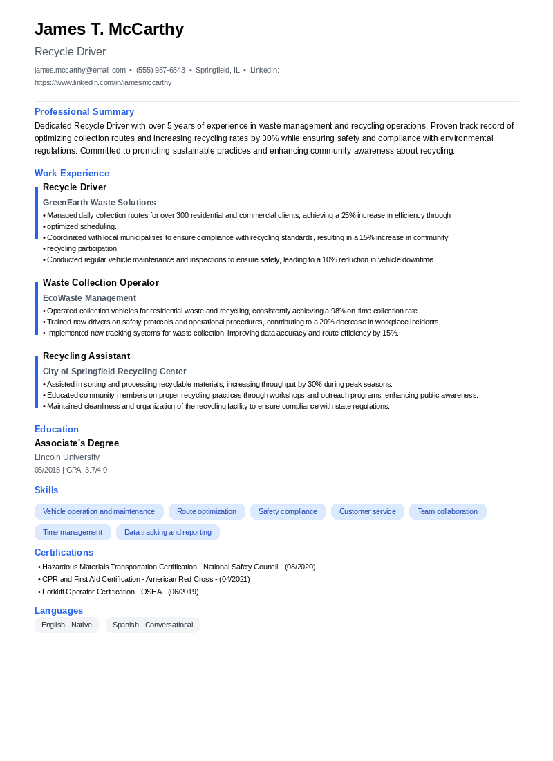 Recycle Driver Resume Example