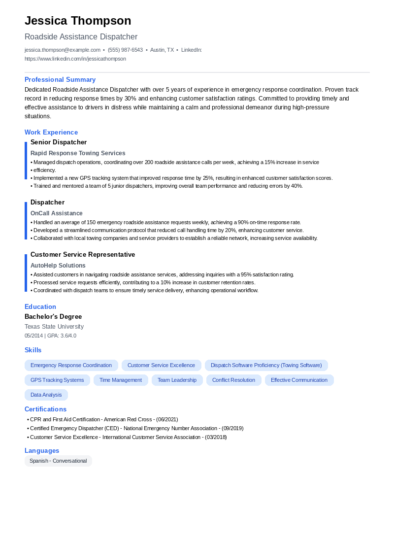 Roadside Assistance Dispatcher Resume Example