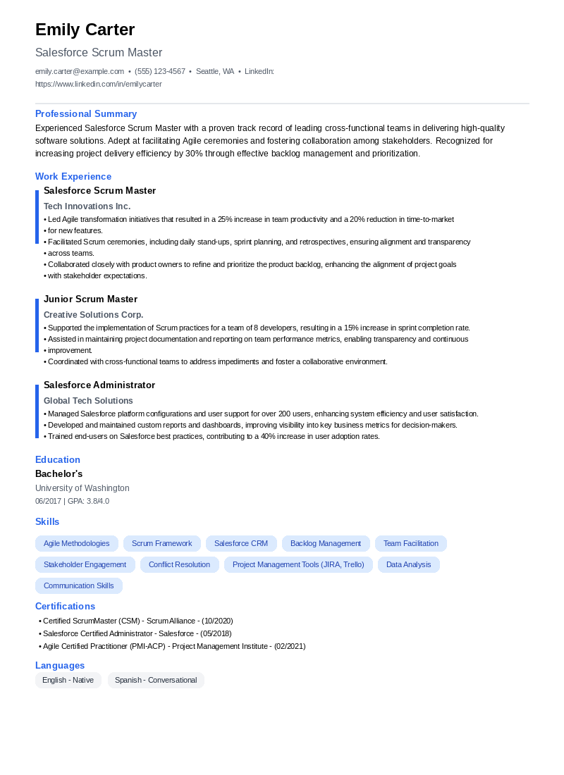 Salesforce Scrum Master Resume Example