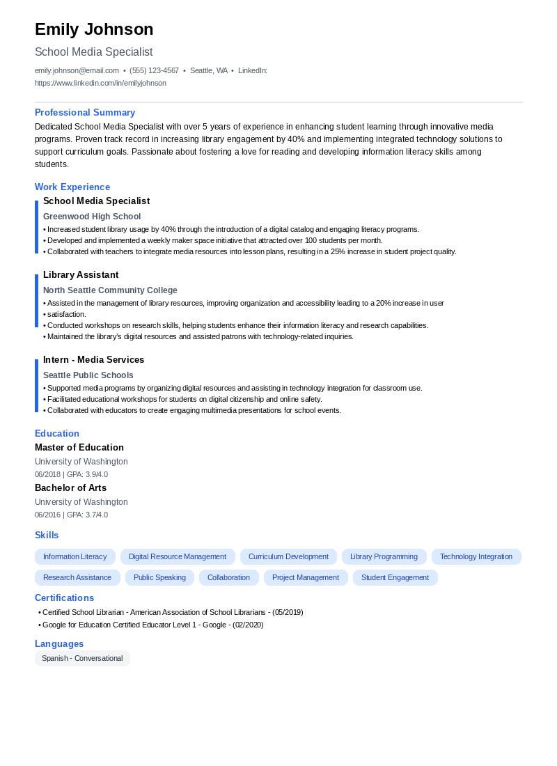 School Media Specialist Resume Example