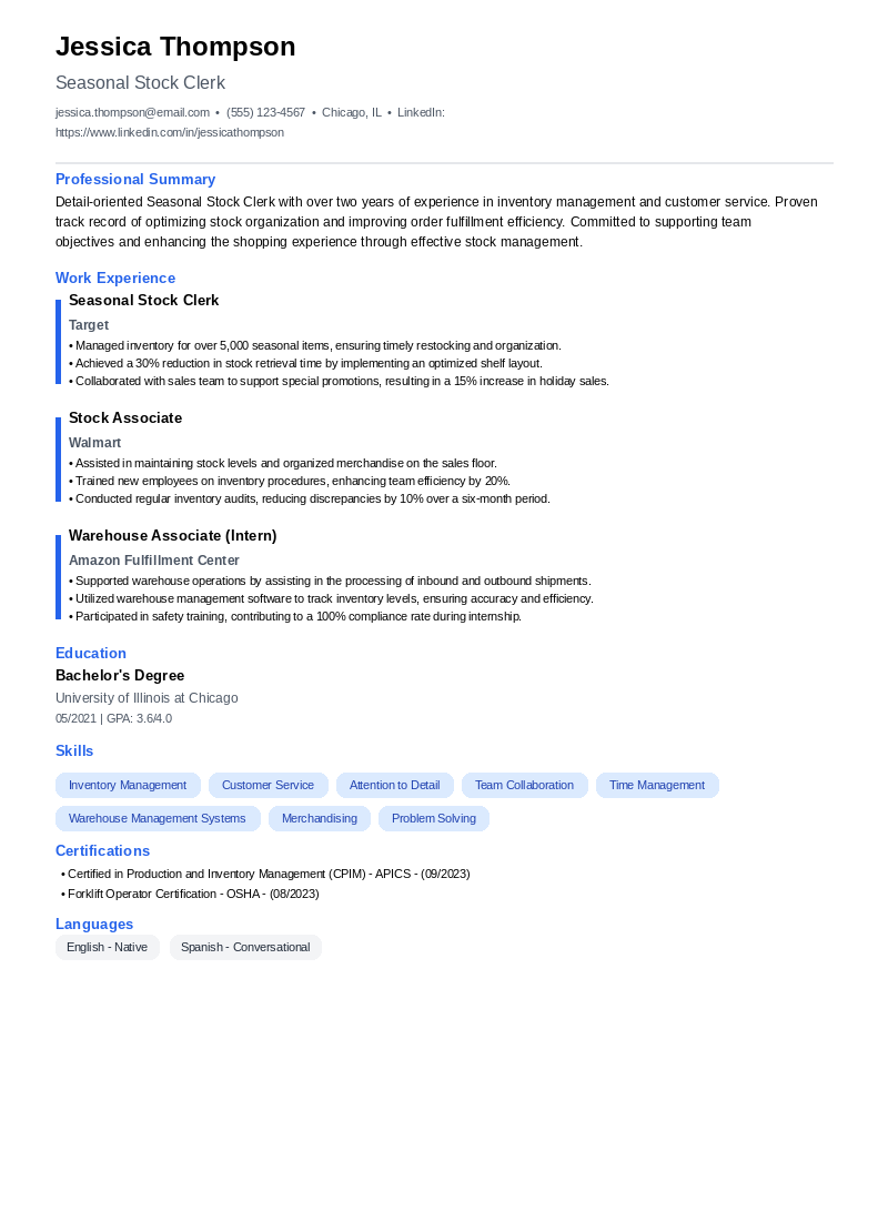 Seasonal Stock Clerk Resume Example