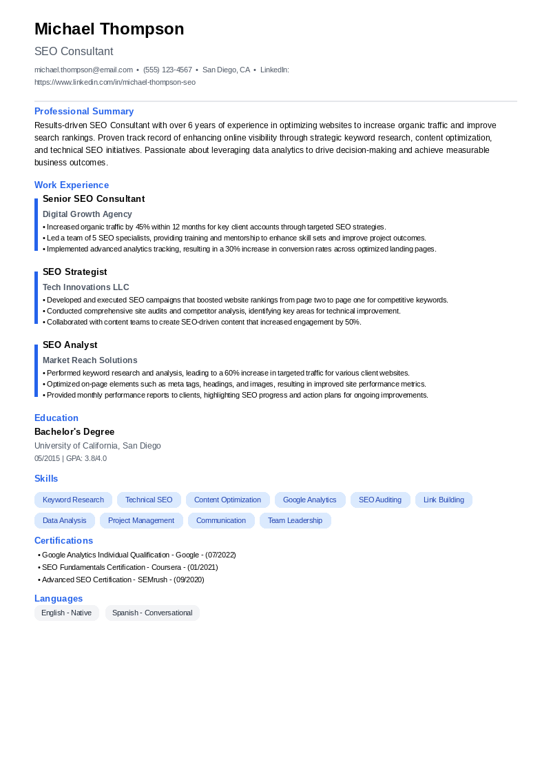 SEO Consultant Resume Example