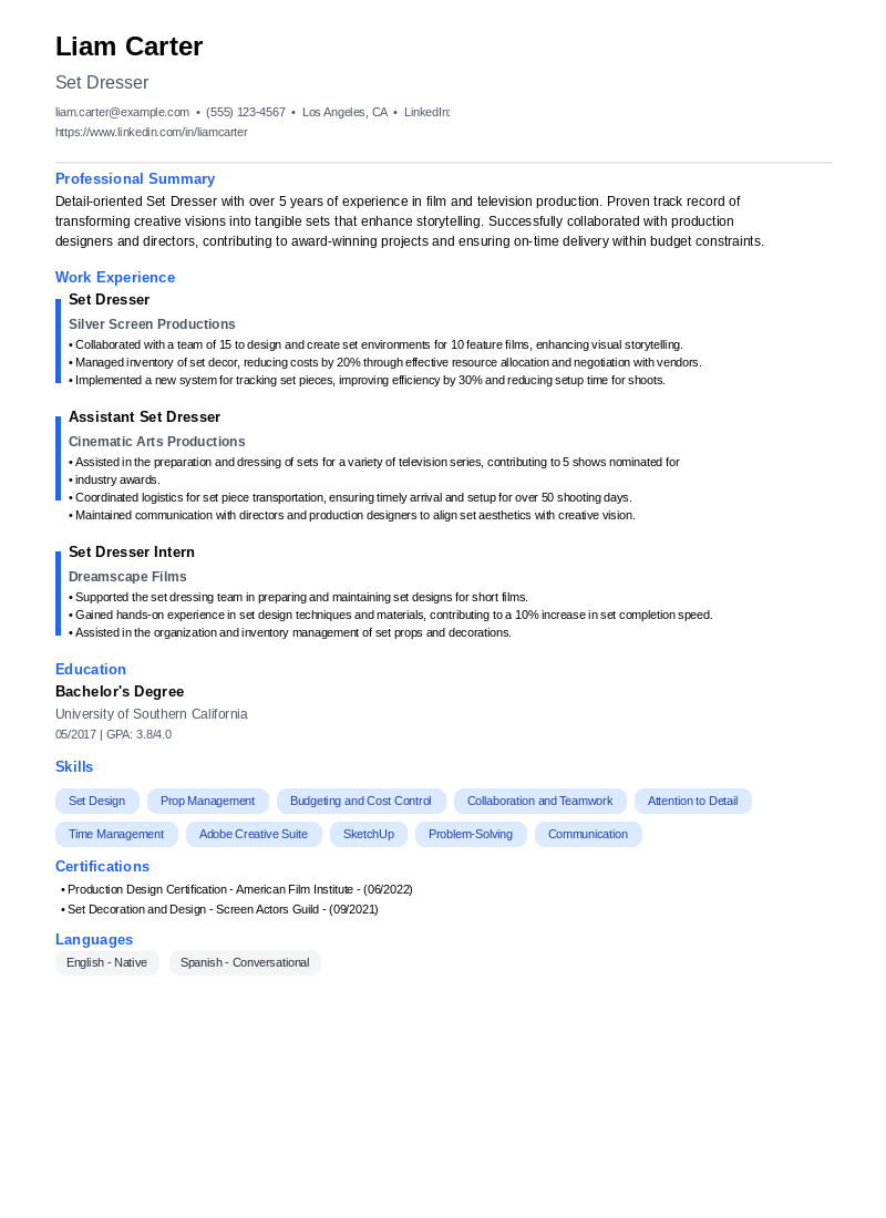 Set Dresser Resume Example