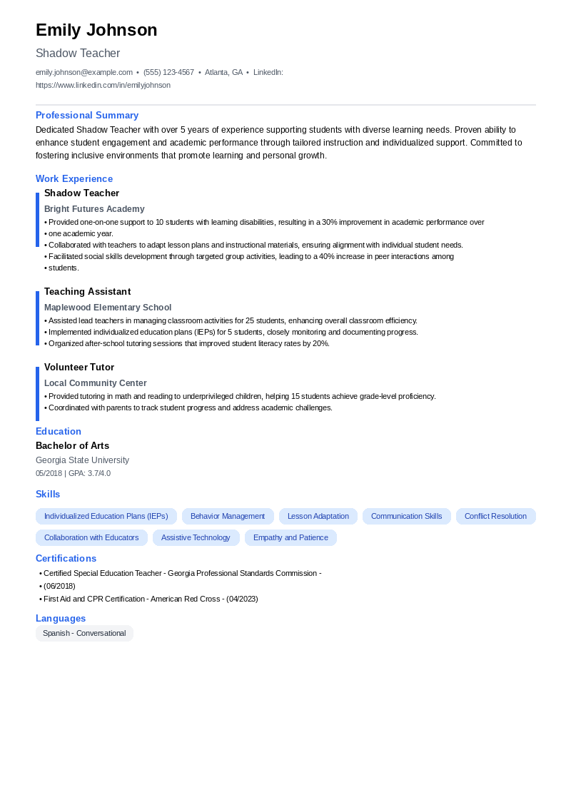 Shadow Teacher Resume Example
