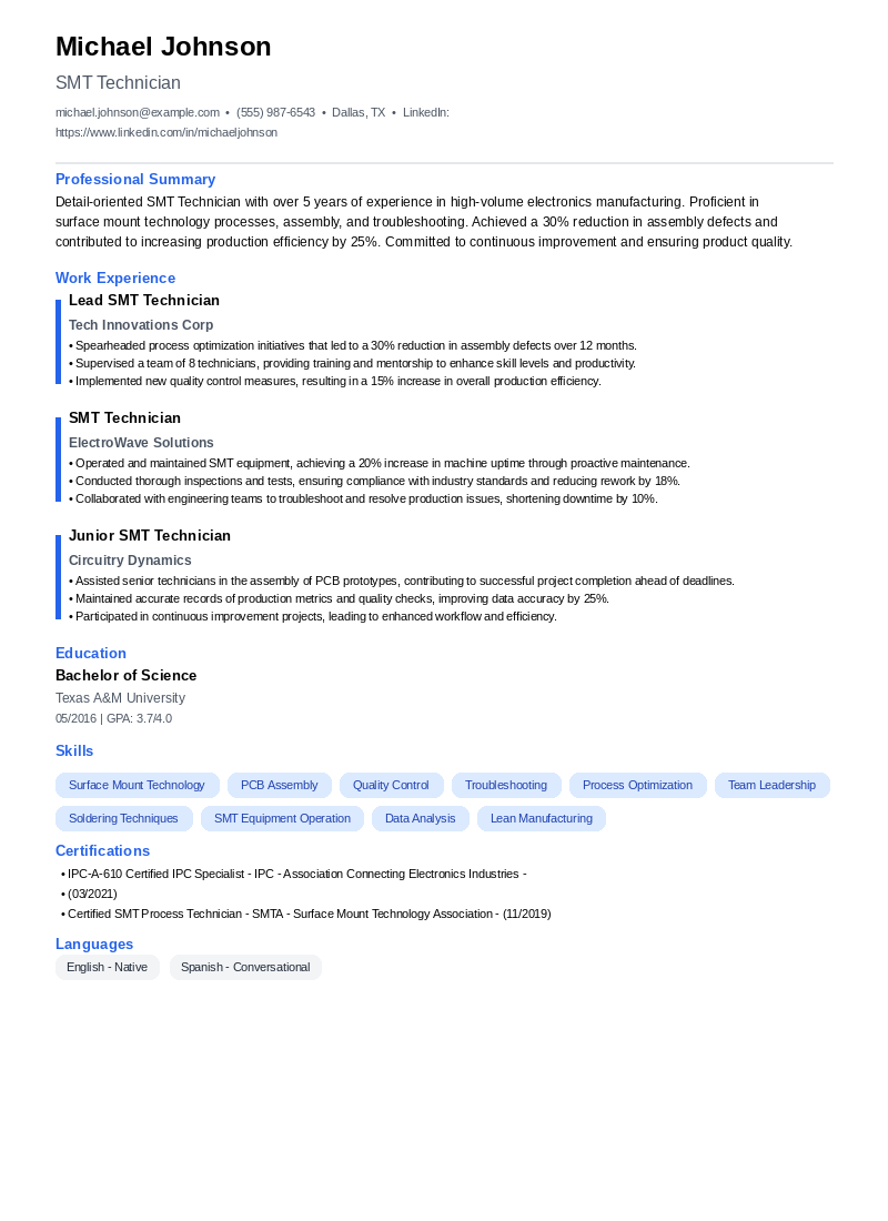SMT Technician Resume Example