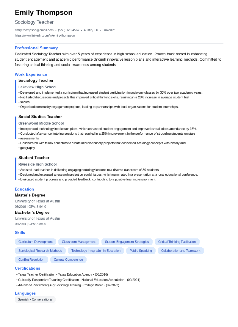 Sociology Teacher Resume Example