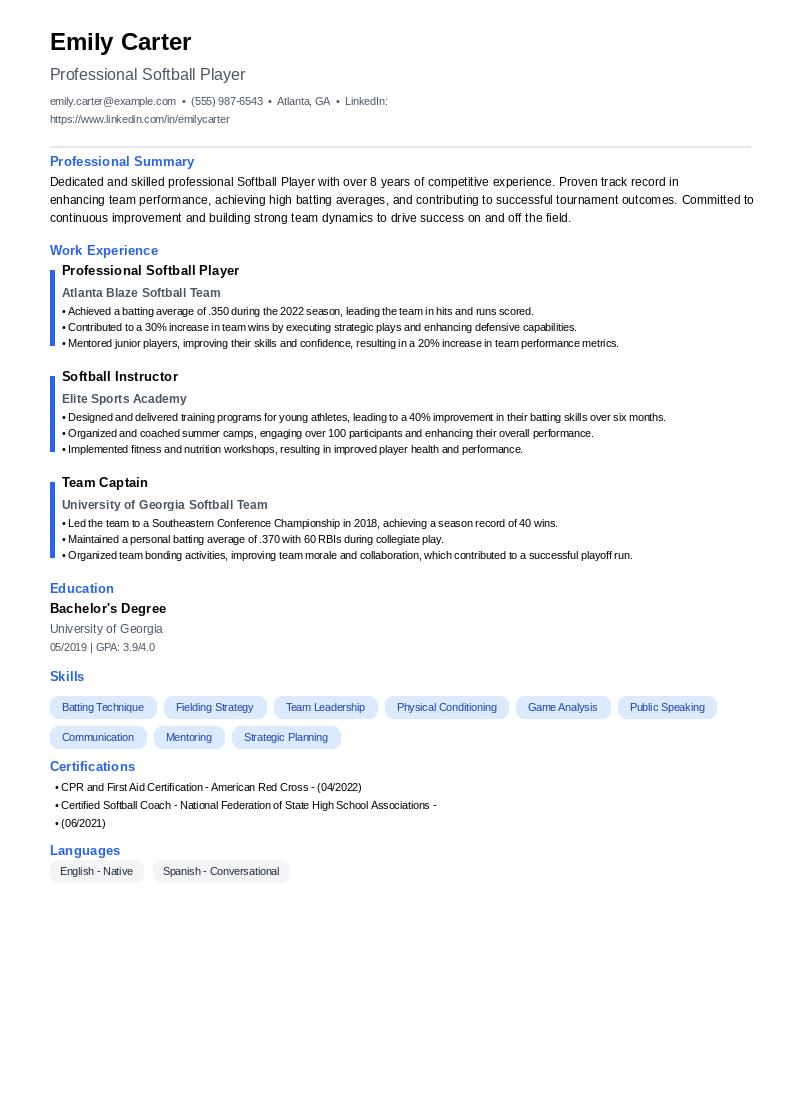 Softball Player Resume Example