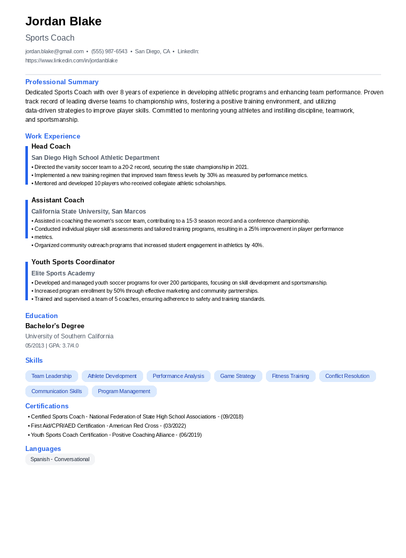 Sports Coach Resume Example
