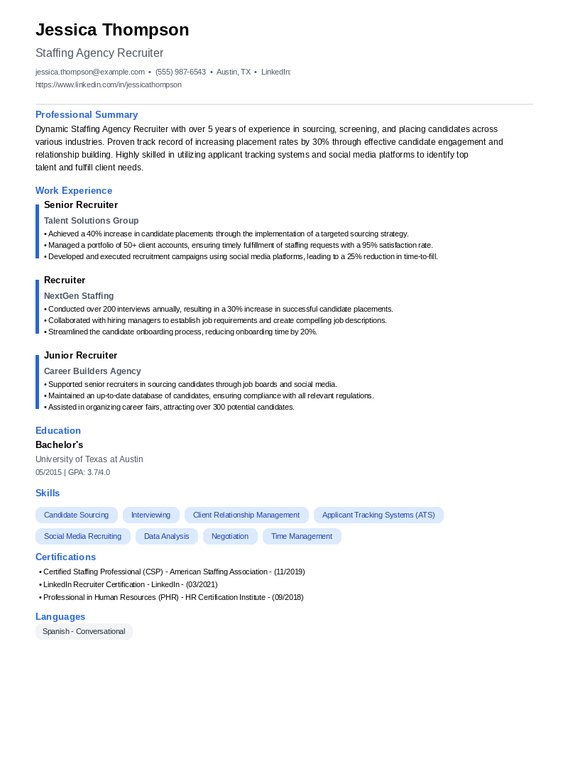 Staffing Agency Recruiter Resume Example