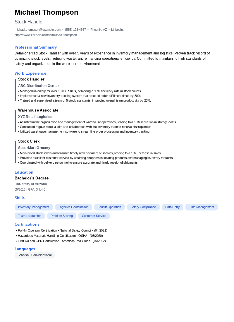 Stock Handler Resume Example