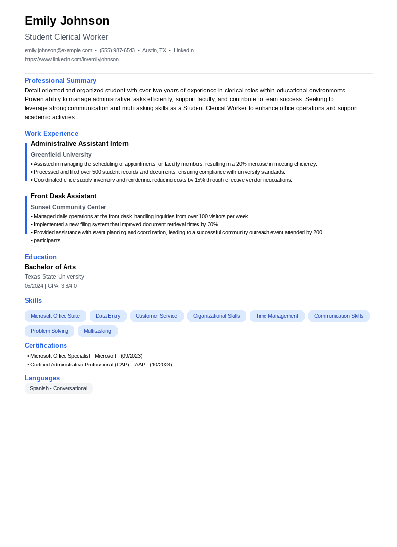 Student Clerical Worker Resume Example