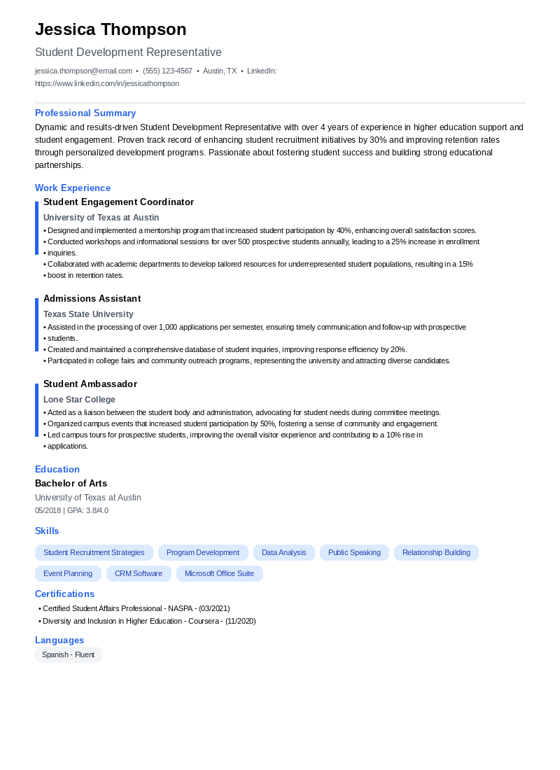 Student Development Representative Resume Example