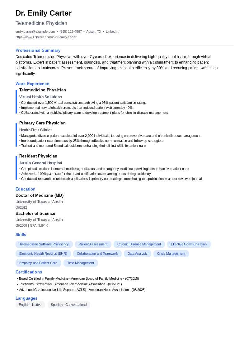 Telemedicine Physician Resume Example