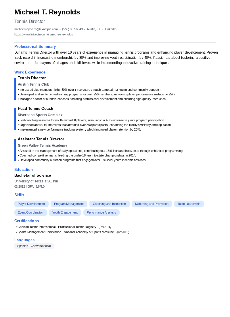 Tennis Director Resume Example