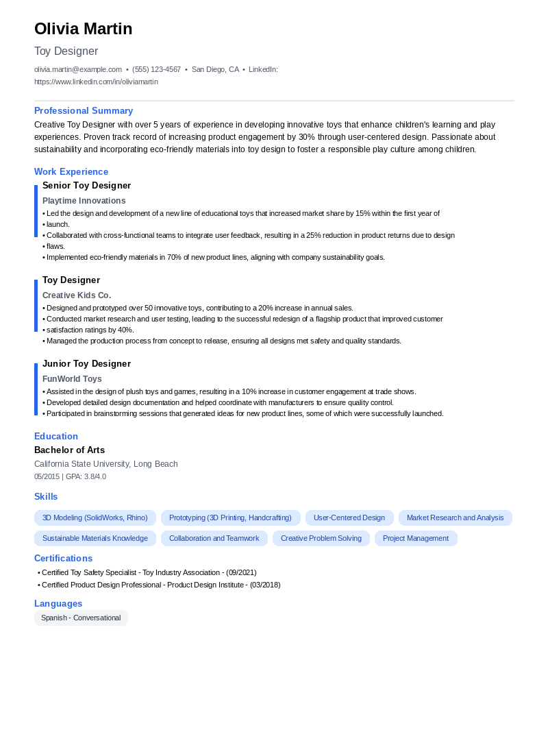 Toy Designer Resume Example