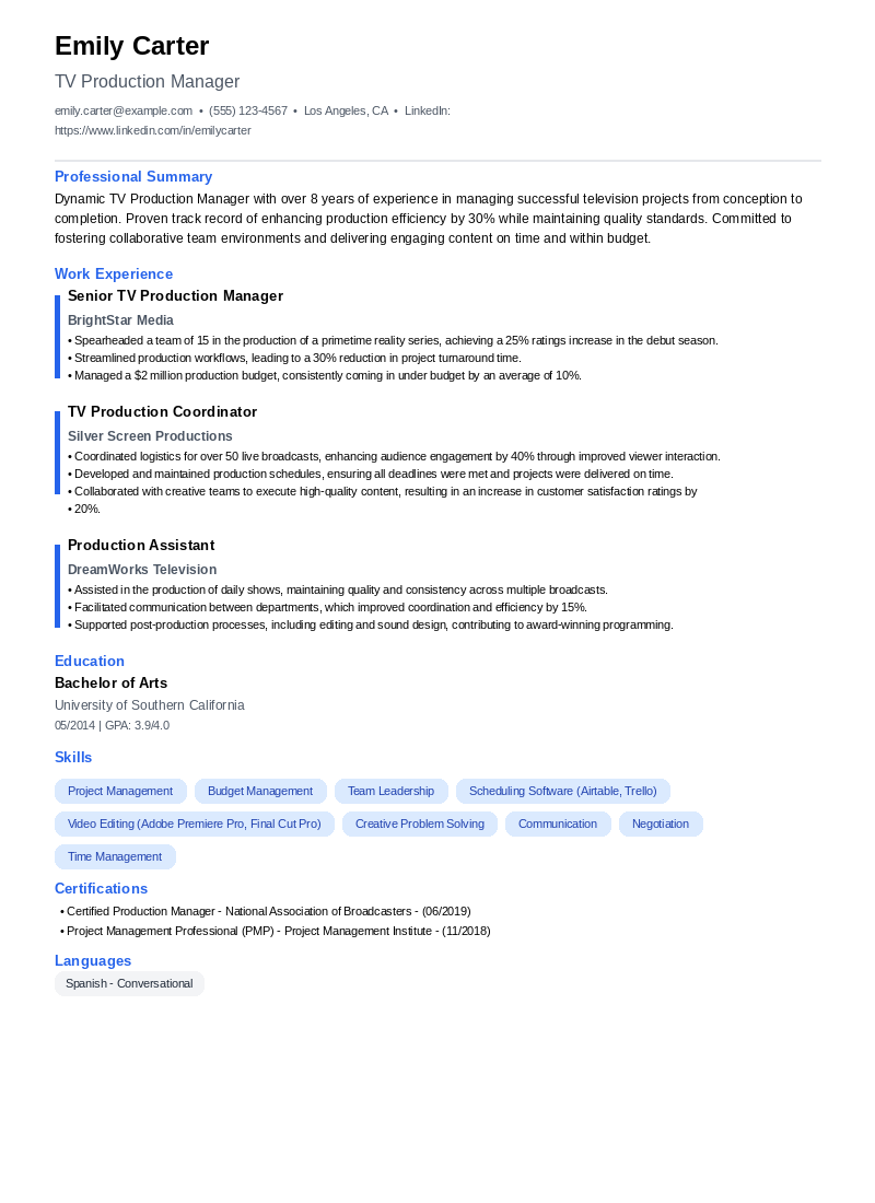 TV Production Manager Resume Example