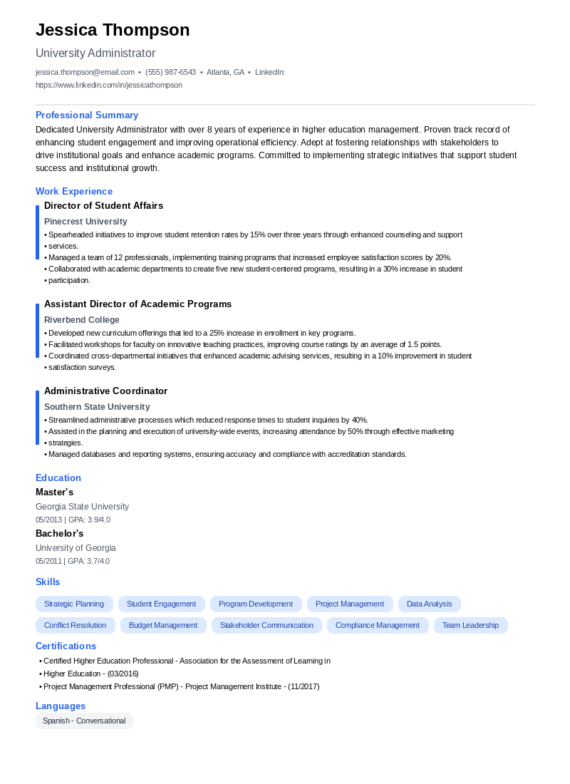 University Administrator Resume Example