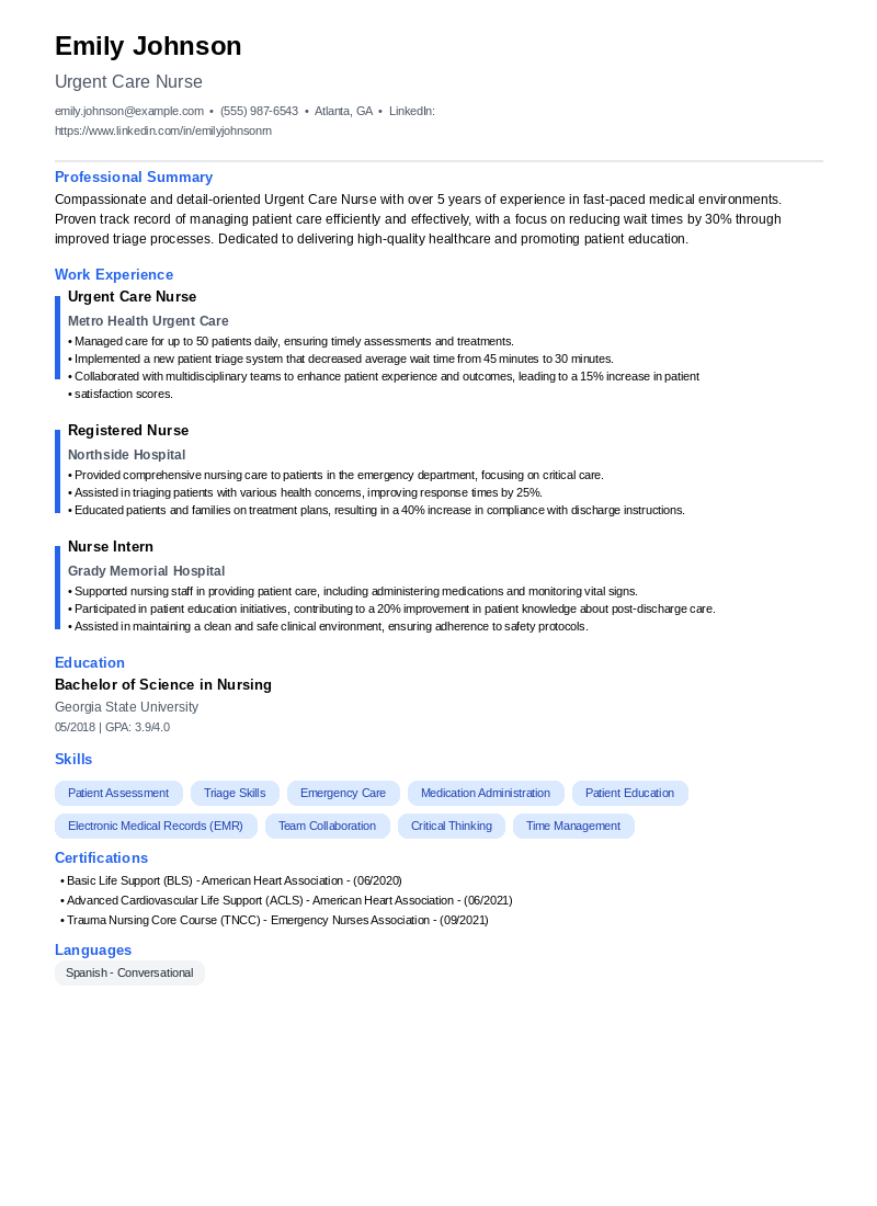 Urgent Care Nurse Resume Example