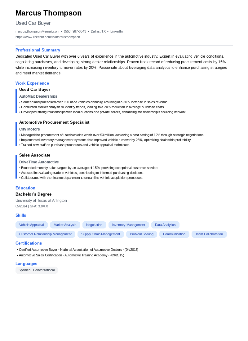 Used Car Buyer Resume Example