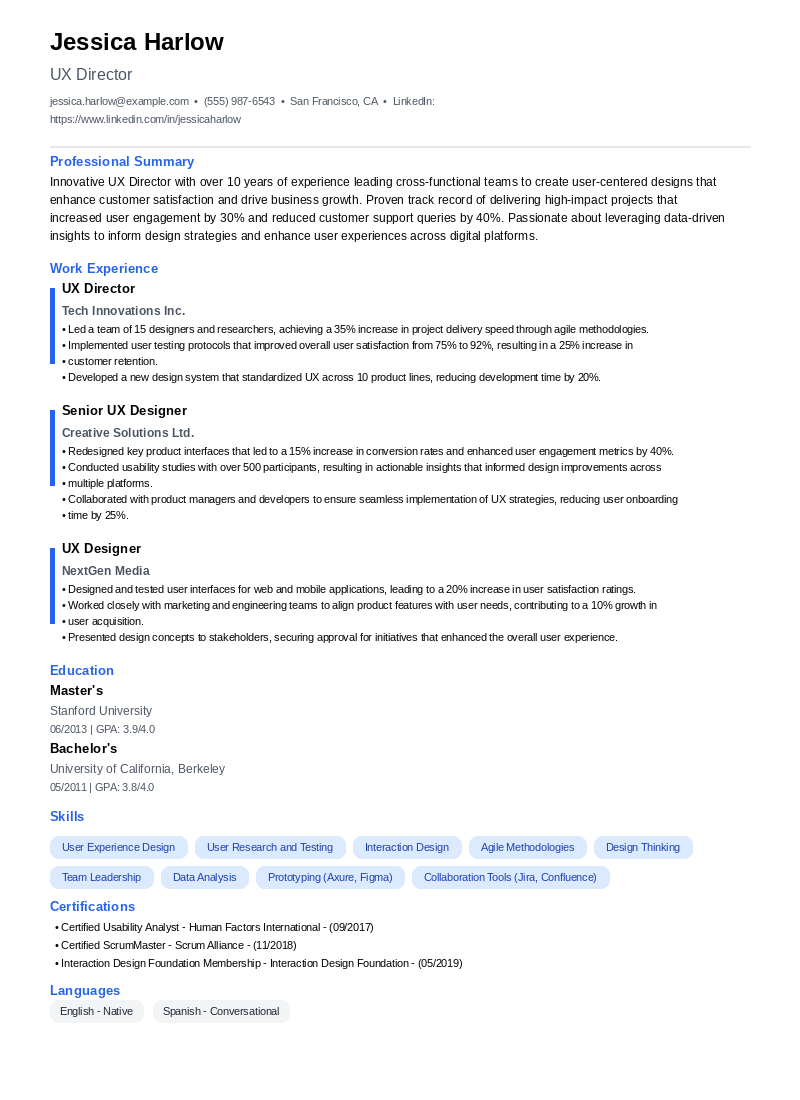 UX Director Resume Example