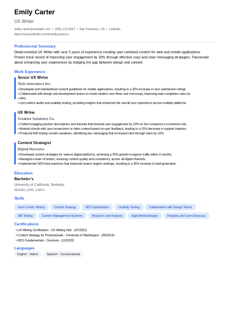 UX Writer Resume Example