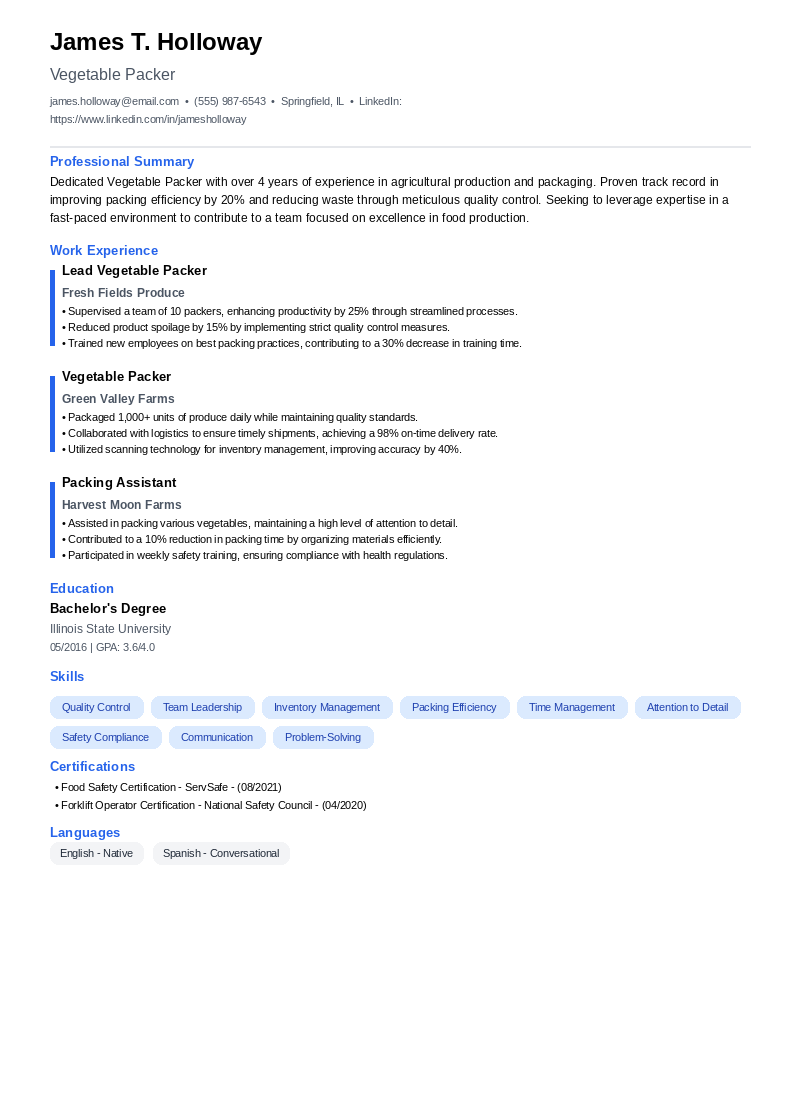 Vegetable Packer Resume Example