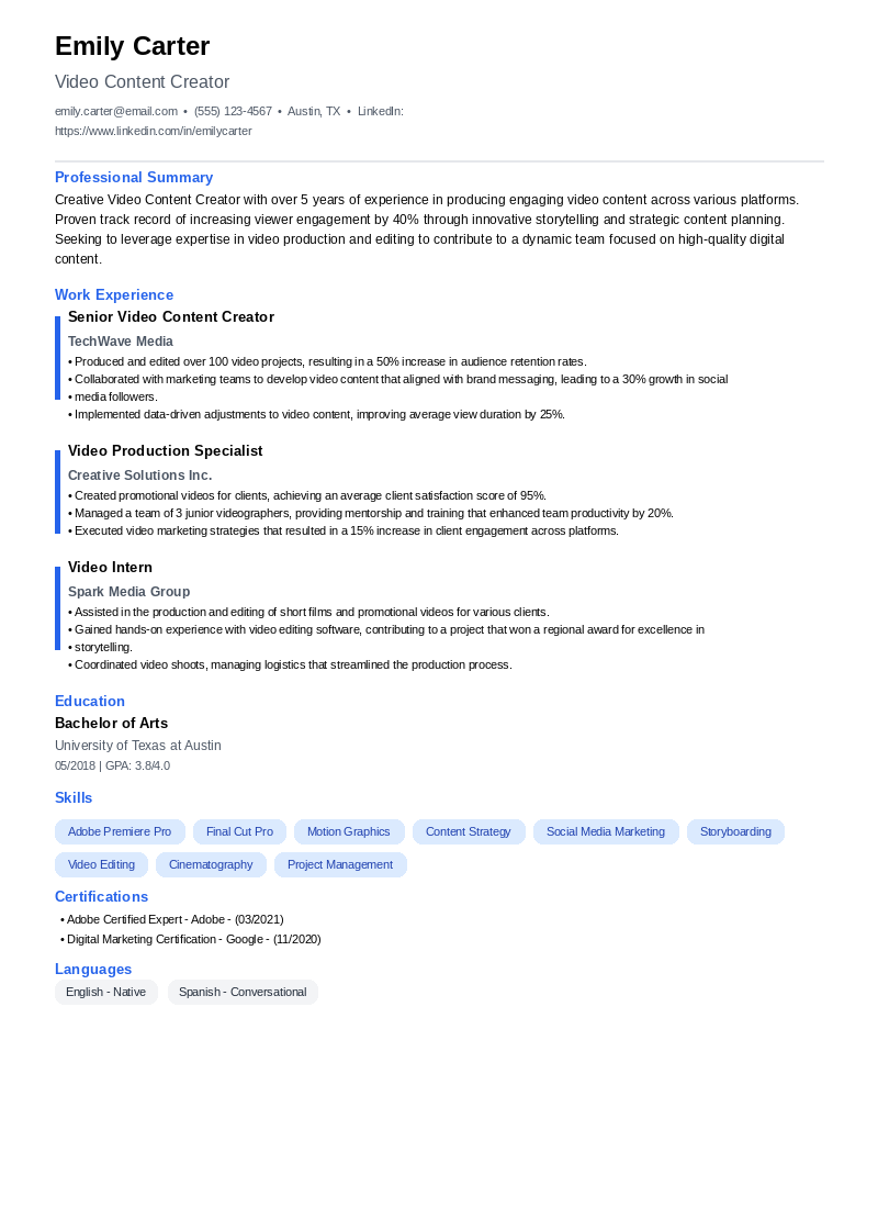Video Content Creator Resume Example