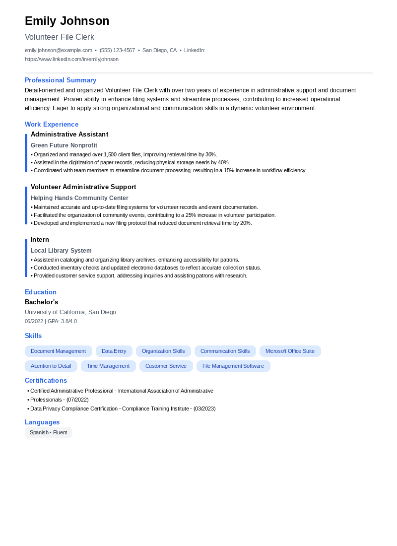 Volunteer File Clerk Resume Example